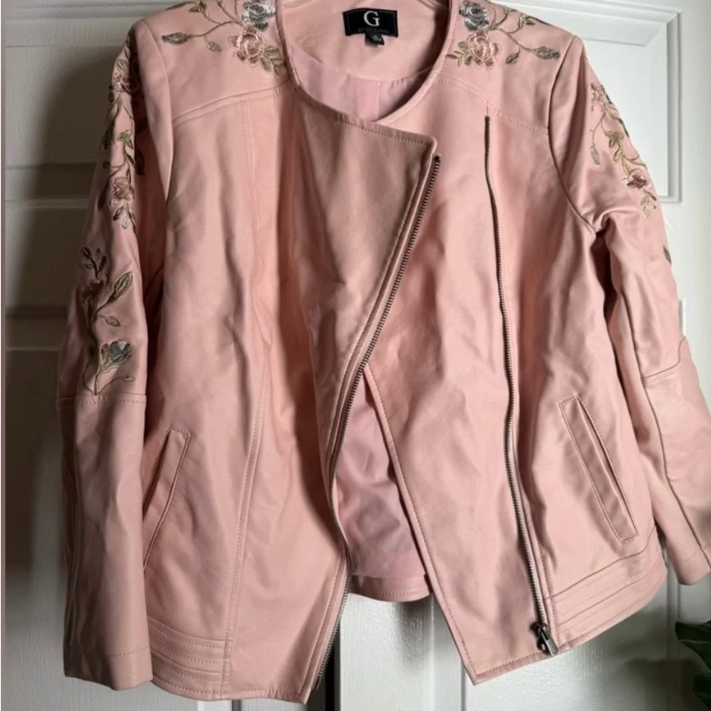 Embroidered Blush Pink Women's Faux Leather Jacket Sz M Moto Boho Baddie Rocker - Picture 2 of 10